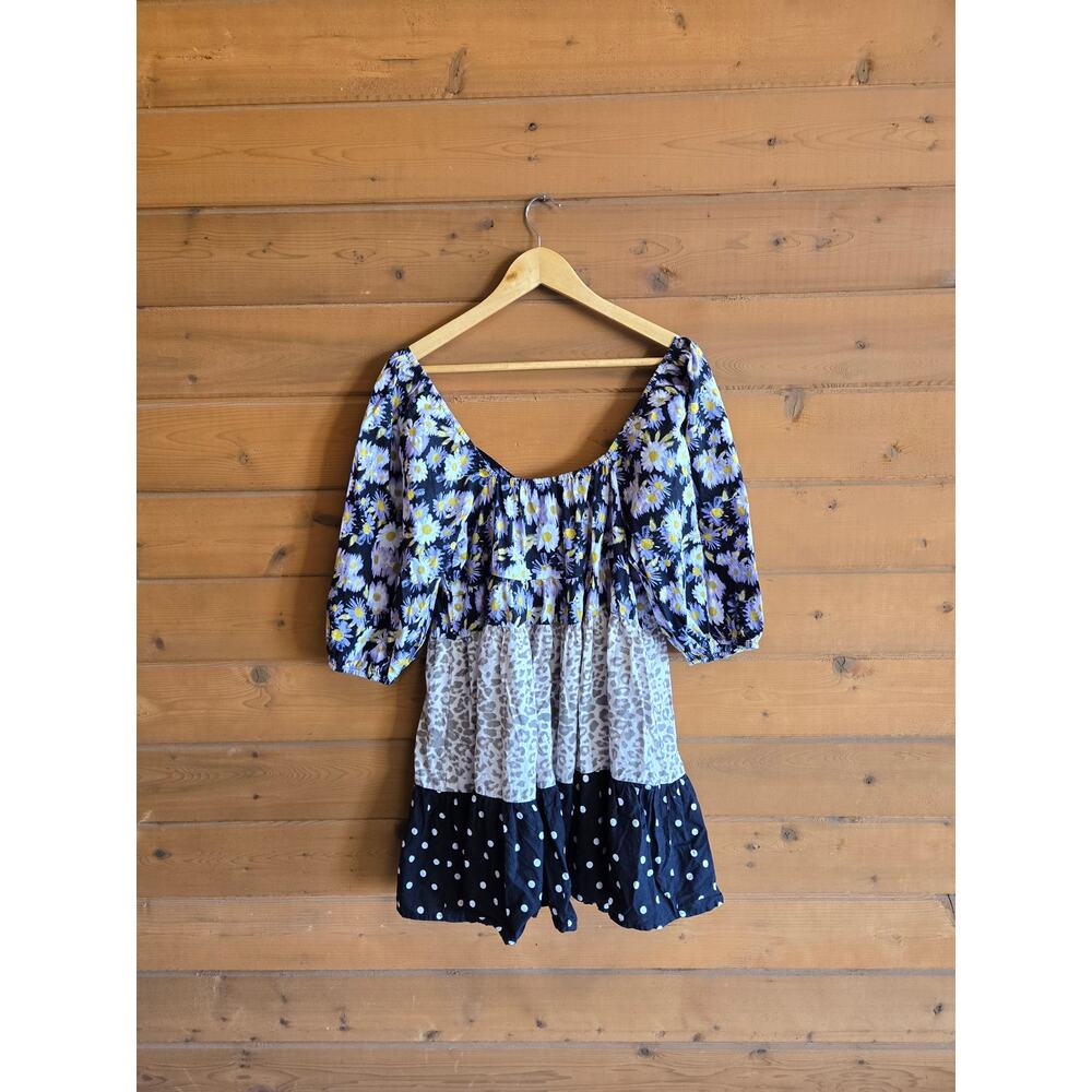 Asos Babydoll Dress Mixed Print Mini Floral Leopard Polka Dot Tiered 6 Boho Prep - Picture 4 of 5